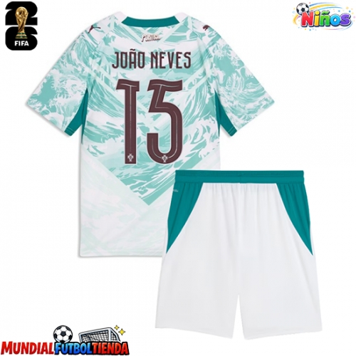 Camiseta Portugal Joao Neves #15 Segunda Equipación Replica Mundial 2026 para niños mangas cortas (+ Pantalones cortos)